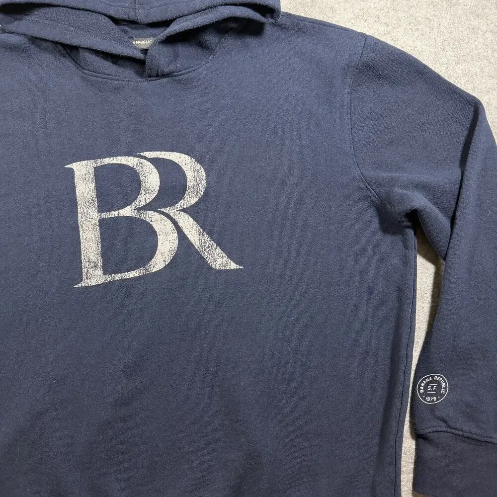 Banana Republic Hoodie Mens XL Navy Blue Fleece 1979 SF Patch Graphic Pullover